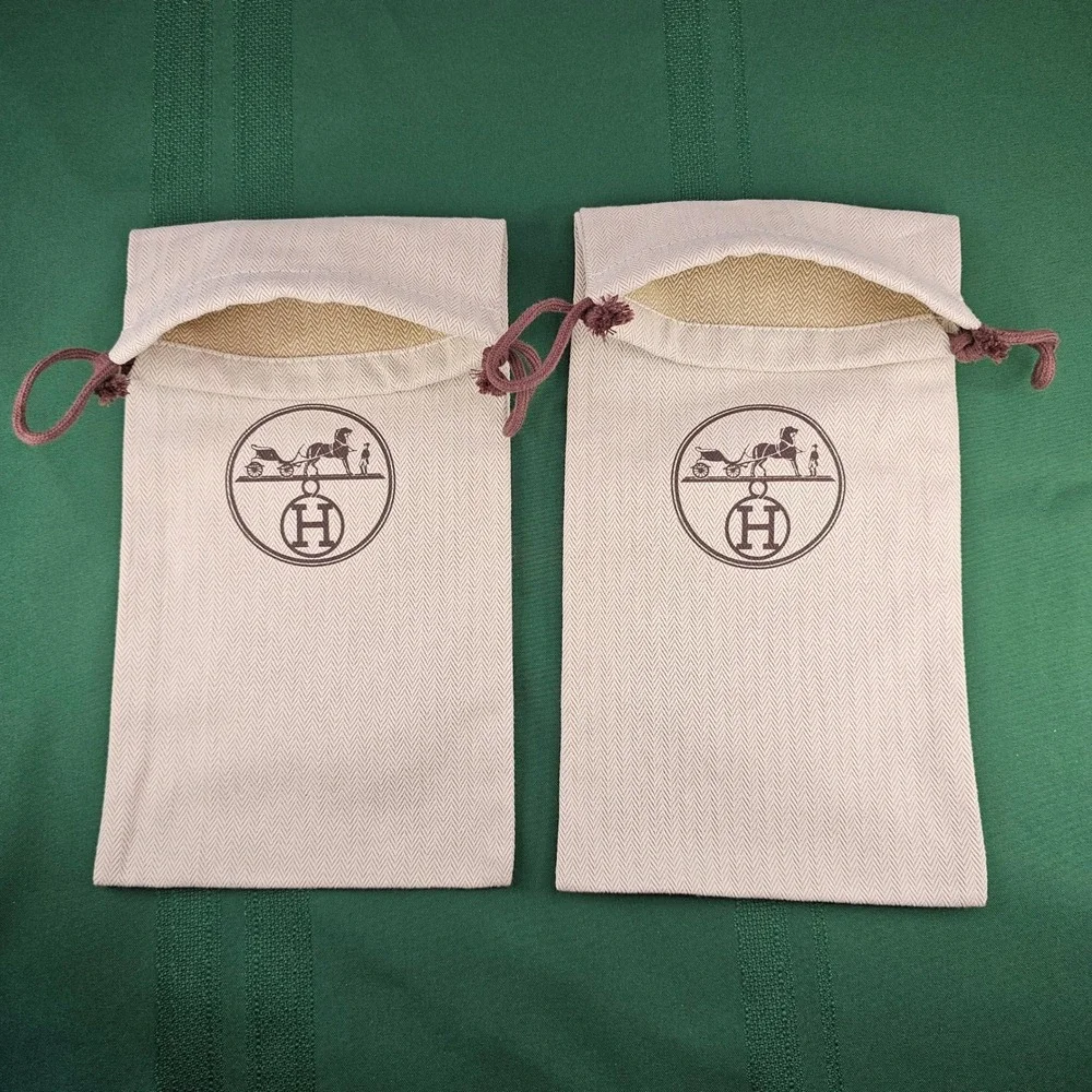 2‎ Hermès Dust Bags Pouches Beige Paris Herringbone Drawstring Storage 14x6.5
